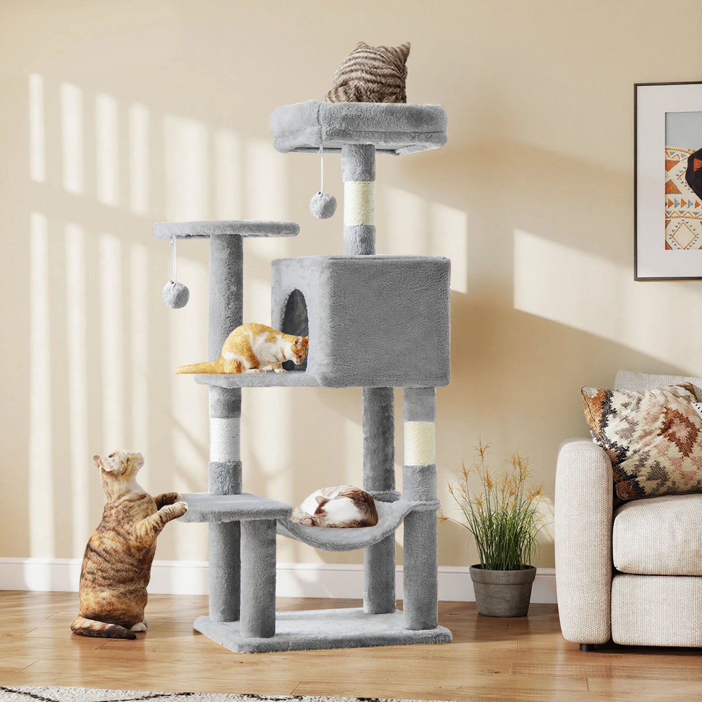 44" Cat Tree Tall Multi-Cat Climbing Tower for Pet Furniture Natural Sisal Scratching Posts Stable Pet House for Indoor Cat