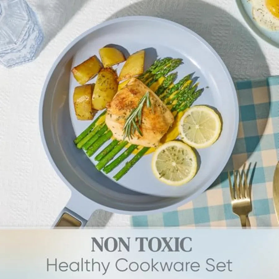 Ceramic Cookware Set Nonstick, 14pcs Pots and Pans Set Nonstick, Non-Toxic and PFAS-Free, Dishwasher, RV/Camping Cookware Set,