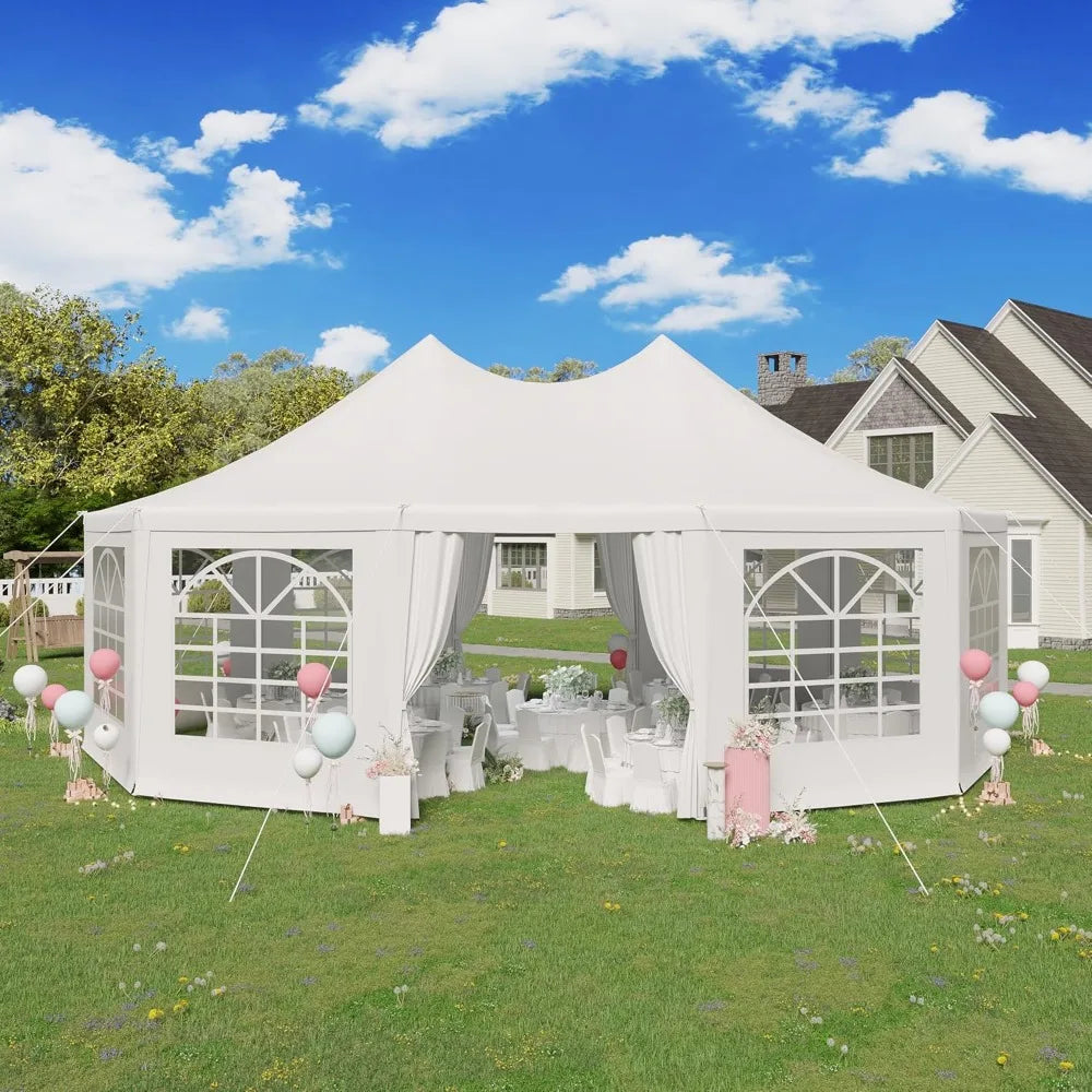 26' x 19' Party Tent, White Wedding Tent, Decagonal Heavy Duty Canopy with 8 Removable Sidewalls, 8 Church Windows, and 2 Pull-Back Doors