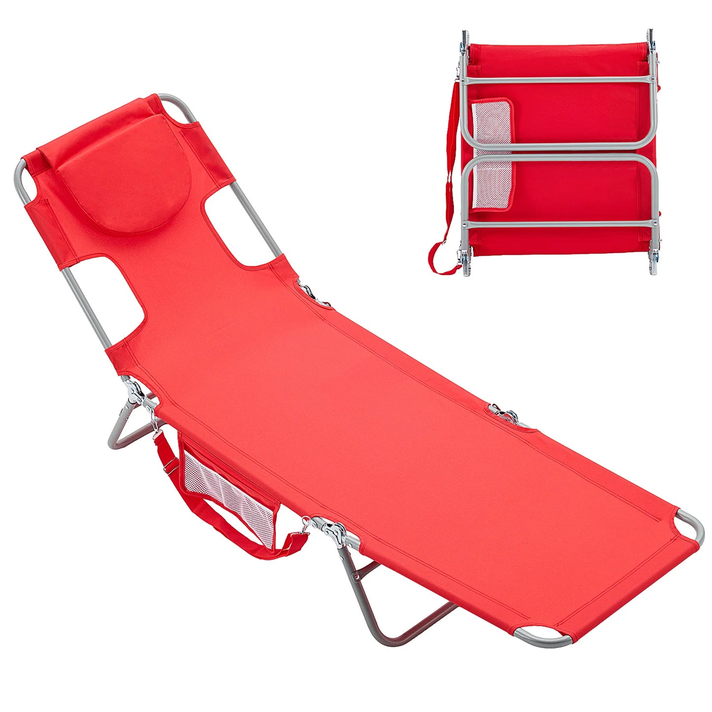 5-Position Adjustable Recline Beach Lounge Chair Portable Folding Sun Chairs with Face Arm Holes Max Load 225 LBS for Patio