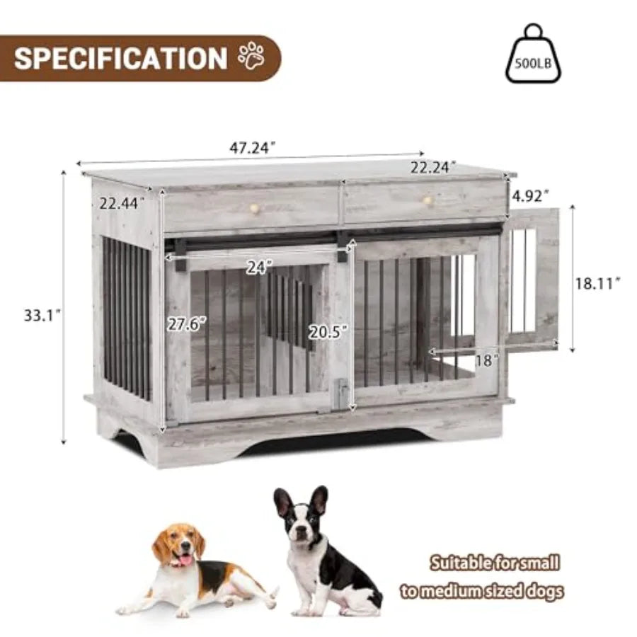 47 Inch Dog Crate Furniture with 2 Drawers, Wooden End Table Indoor Dog House with Divider for Large, Medium, and Small Dogs, Multi-Function