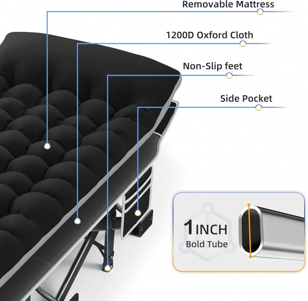 Extra Wide Camping Cot with Mattress, 32" Sleeping Cot for Adults, Holds 600LBS, Portable for Camp, RV, Beach, Office Naps