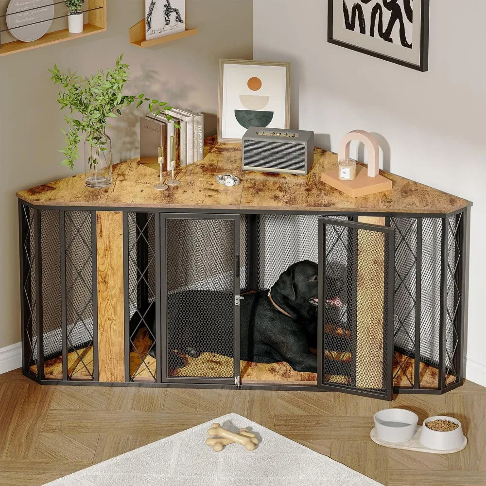 67" Corner Dog Crate Furniture for Large Breed, Large Wooden Dog Kennel Furniture with 2 Doors, Decorative Crate