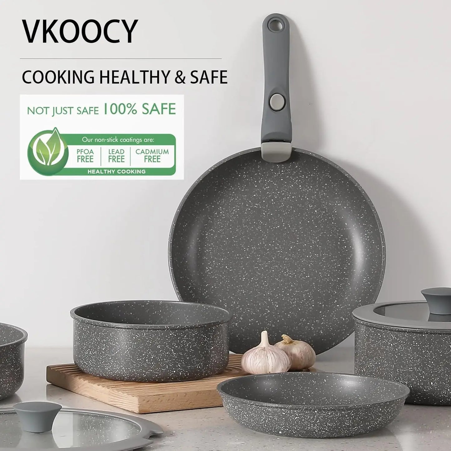 Gray Non Stick Pot and Pan Set with Removable Handle, Ceramic Cookware Set Detachable Handle, 5pcs Induction Kitchen Camping Station