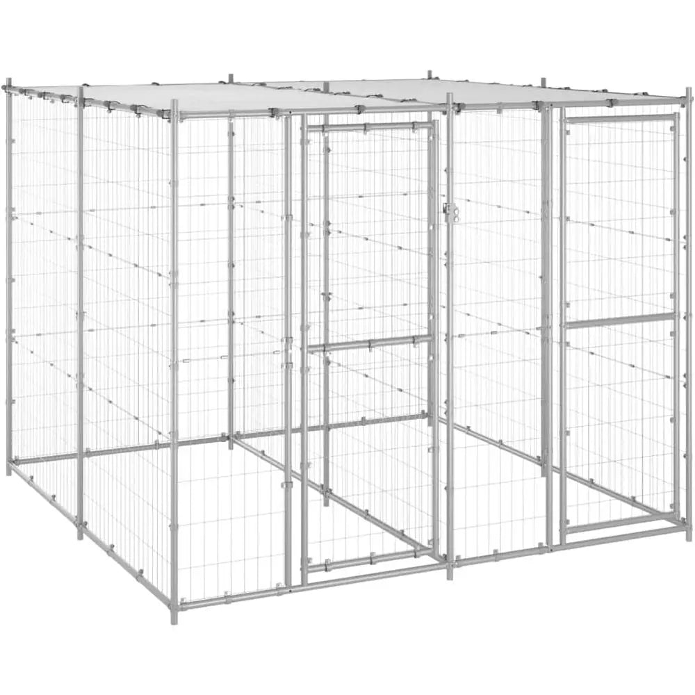 Sturdy Outdoor Metal Dog Crate, Lockable Kennel with Roof, Silver, 86.6L x 86.6W x 70.9H