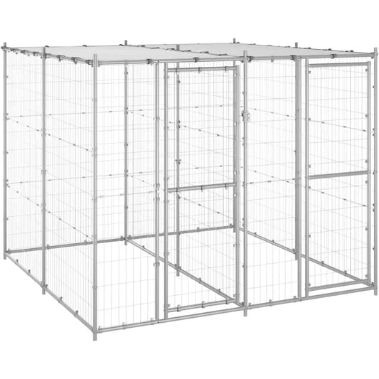 Sturdy Outdoor Metal Dog Crate, Lockable Kennel with Roof, Silver, 86.6L x 86.6W x 70.9H