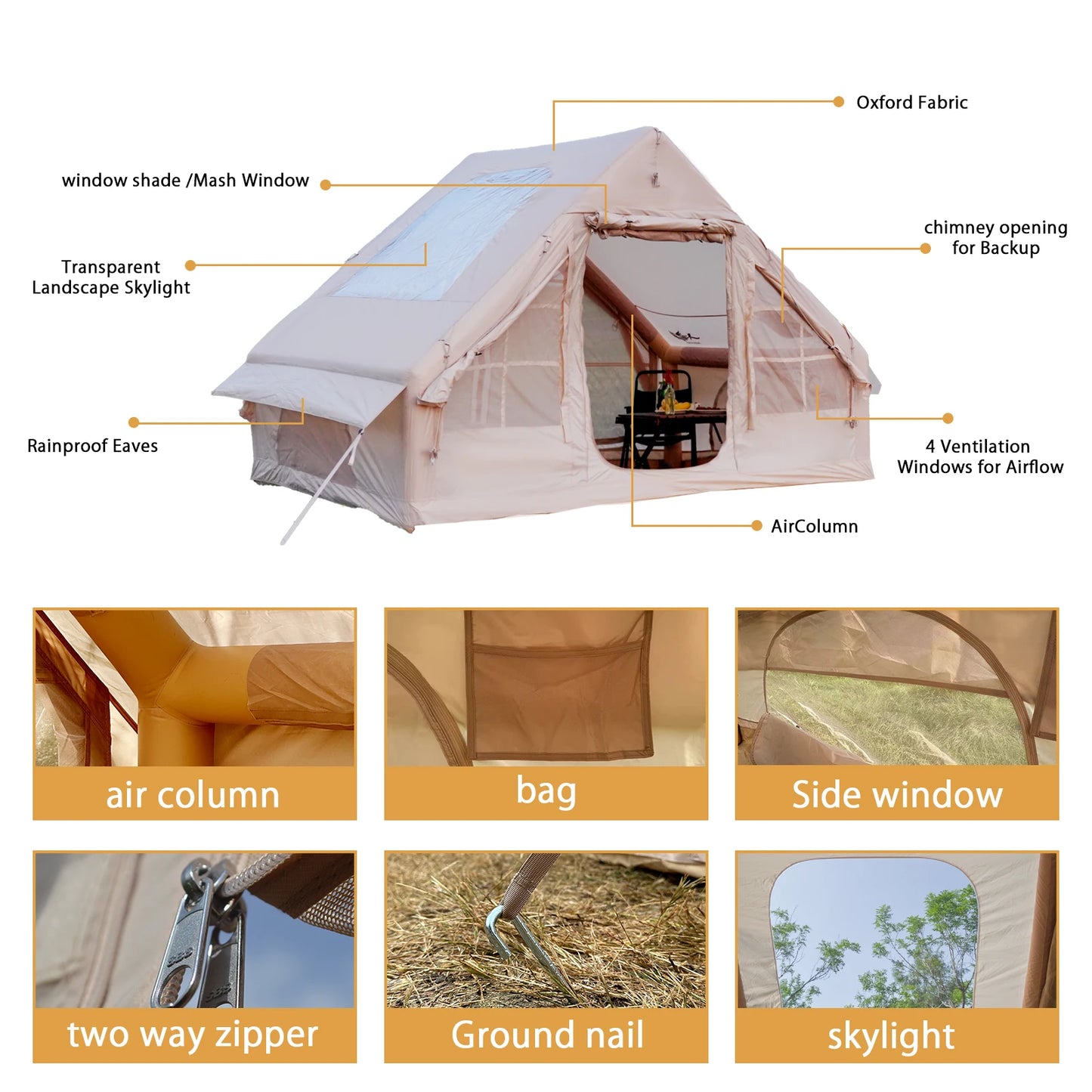 Inflatable Tent With Skylight, Quick Setup Blow Up Tents With Pump, 4-6 Person Outdoor Family Luxury Tent