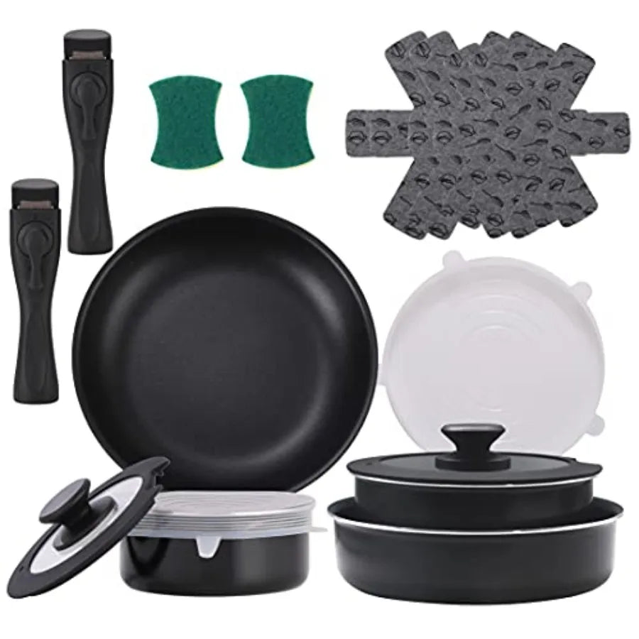 16 Pieces Kitchen Removable Handle Cookware Sets, Stackable Pots and Pans Set Nonstick for Induction, Gas, RVs, Camping Space Saving