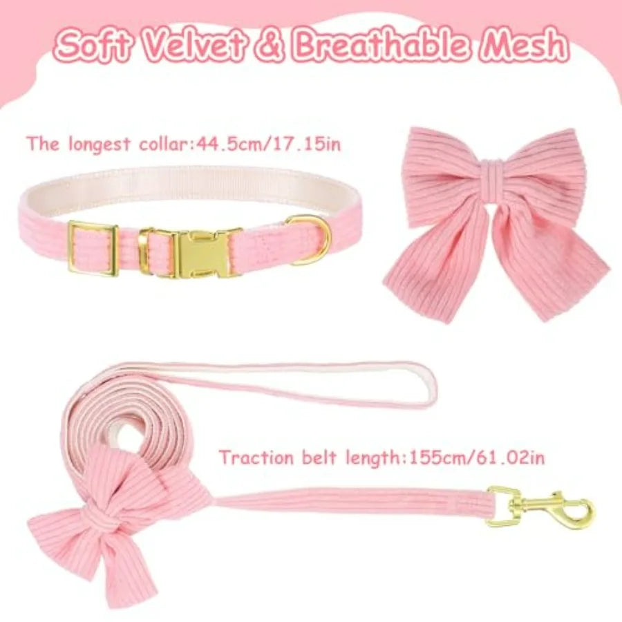 2pcs Dog Collar and Leash Set with Bowtie Cute Small Dog Collar Harness Leash Set Adjustable Breathable Soft Padded for Small Medium Dog Cat