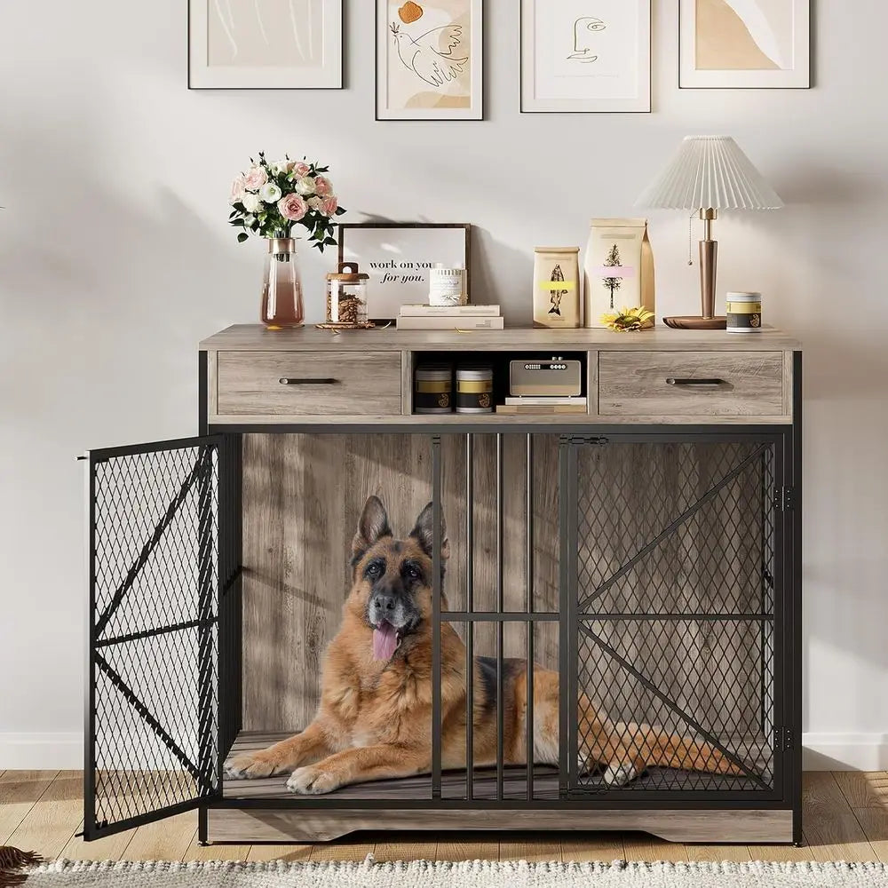 Sturdy Large Dog Crate Table with 2 Drawers and Open Compartment, Multifunctional Pet Furniture for Home Use