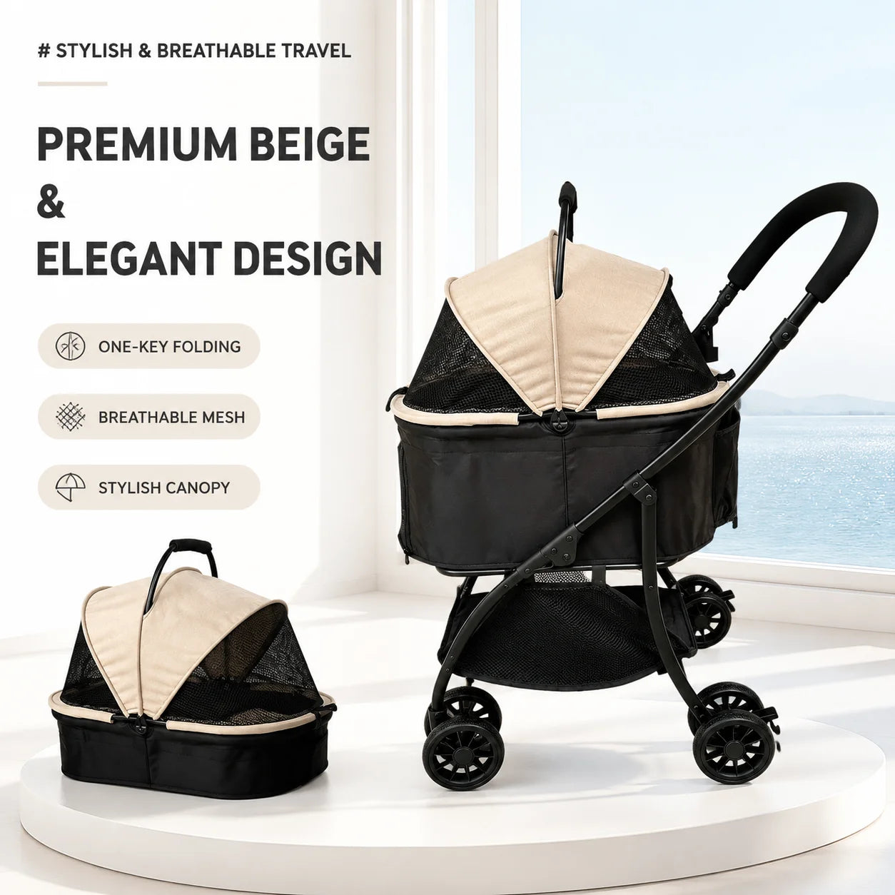 2 in 1 Detachable Pet Stroller, Lightweight 5.6kg Foldable Dog Cat Stroller with 360° Rotating Wheels, Portable Travel Pet Carrier for Small Medium Dogs Cats Outdoor Walking, 3 Colors