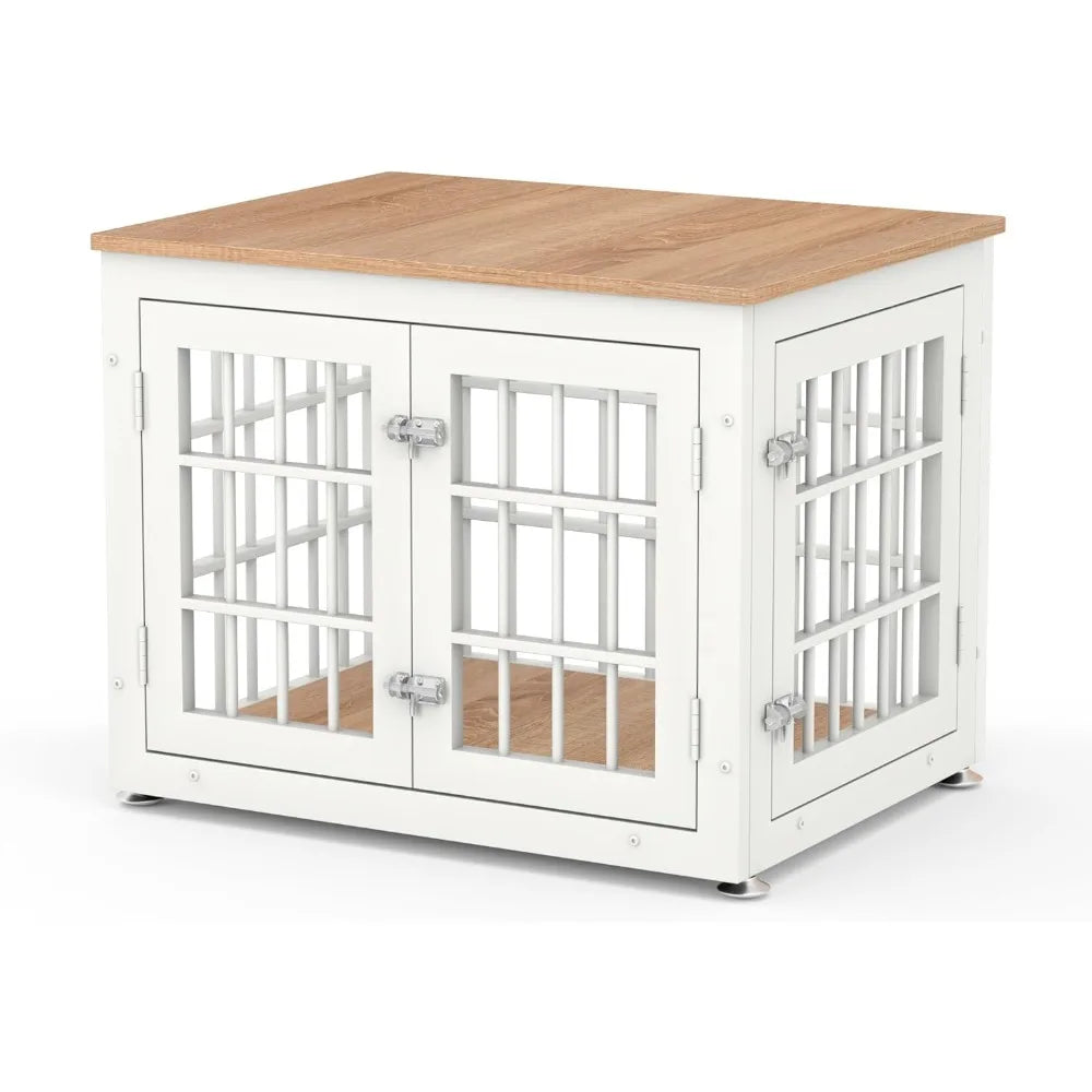 Sturdy 26 Dog Crate as Furniture for Small Breeds, Ornamental Wooden Pet House, Indoor Kennel Table in White