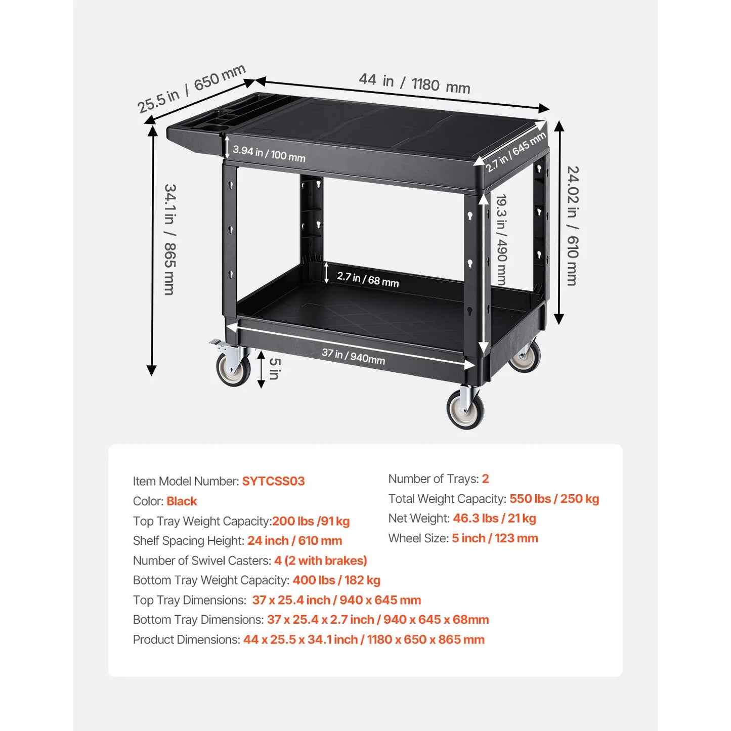 550 lbs Utility Service Cart Two-Shelf Plastic Hand Dolly Cart with 360° Swivel Wheels for Warehouse Garage Cleaning