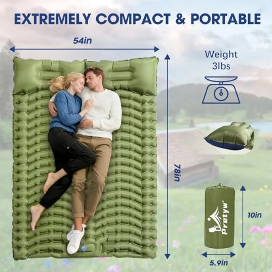 Double Sleeping Pad for Camping - Ultralight Camping Mattress with Pillow Built-in Feet Pump Compact Inflatable 2-Person Portable