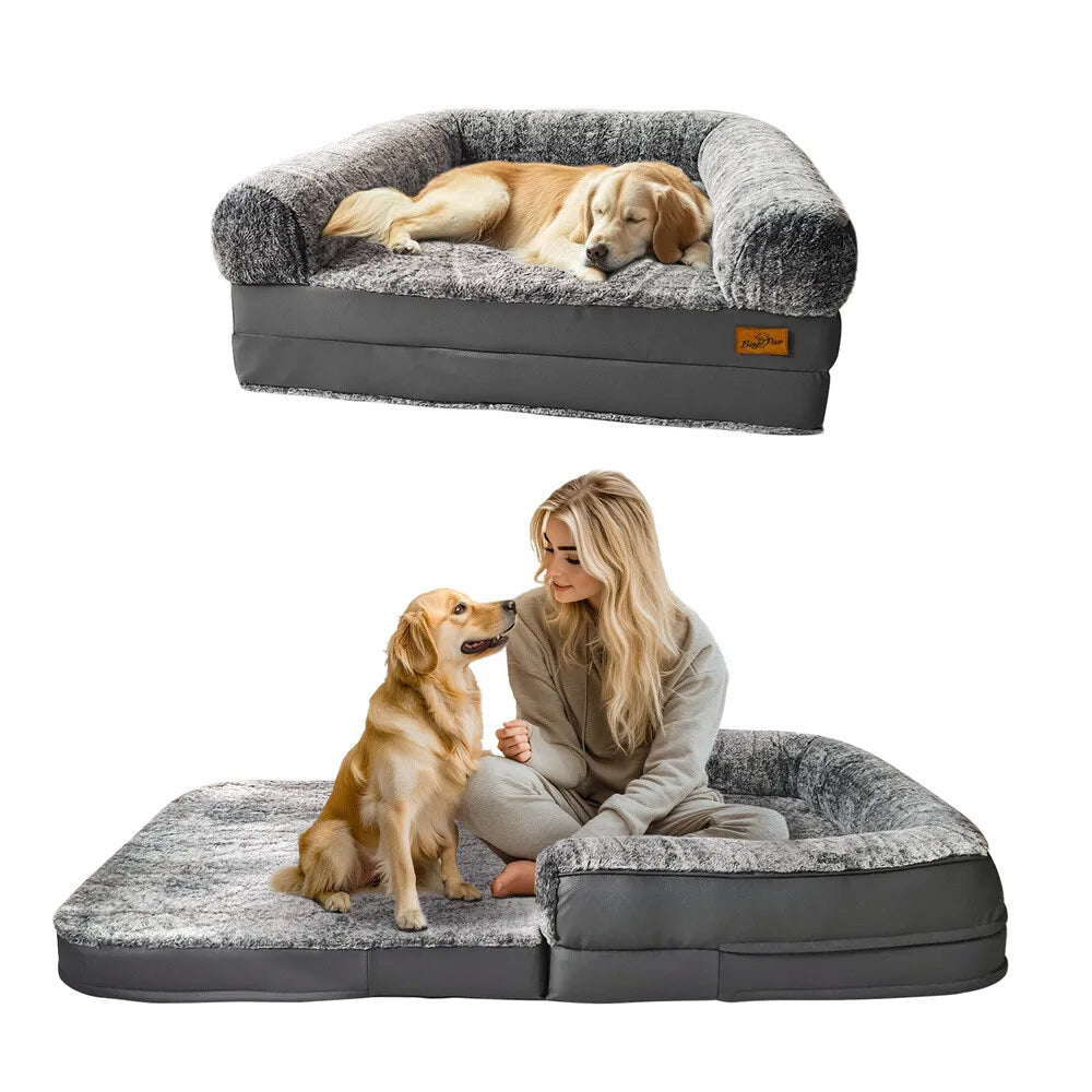 Foldable Human Dog Bed for Adult 2 in 1 Calming Large Dog Bed Washable Waterproof Dog Sofa Couch Bed Plush Cover Bolster Lounge